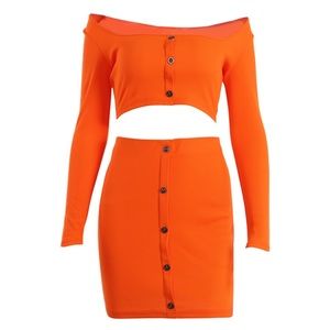 Red pencil skirt set.